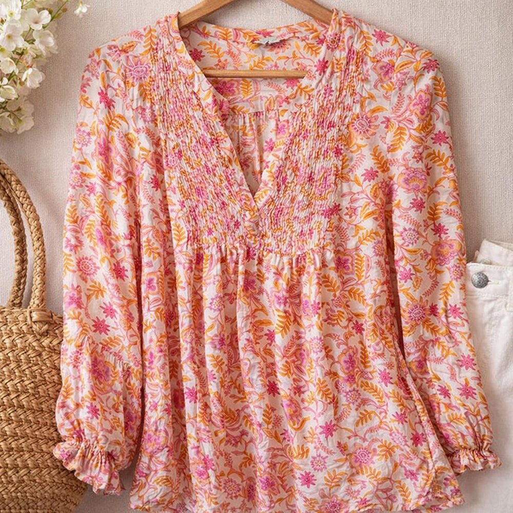 Lucky Brand Floral V Neck Blouse Pink Orange Women’s Medium - Picture 2 of 9